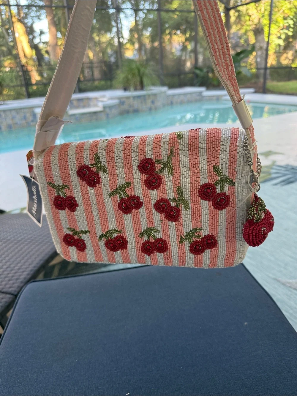 Beaded Cherry Shoulder Bag - Pink/Red